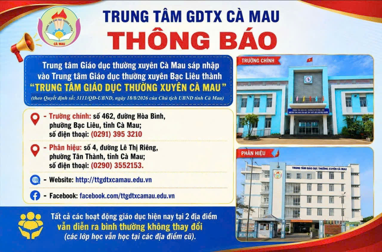 THÔNG BÁO VỀ VIỆC SÁP NHẬP TRUNG TÂM GIÁO DỤC THƯỜNG XUYÊN CÀ MAU